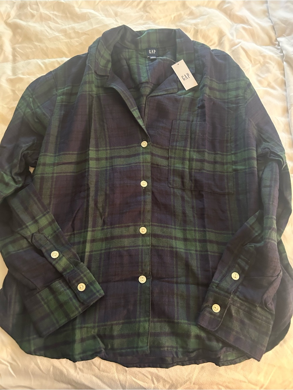 GAP Navy and Green Plaid Button-Down Shirt